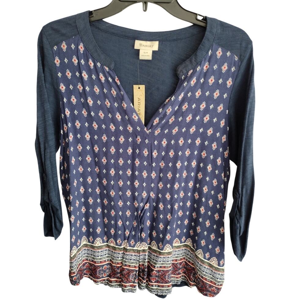 Ariat NEW Blue Boho Southwestern Roll-Tab Sleeve V-Neck Top Women's Small